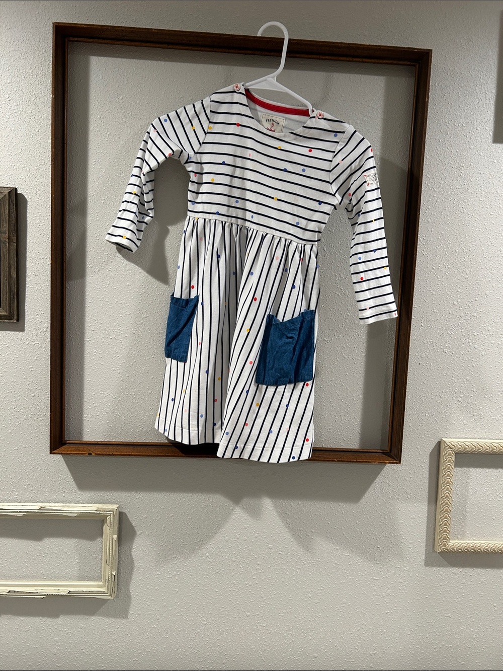 Joules White Striped Dress with Navy Pockets and Multicolor Dots